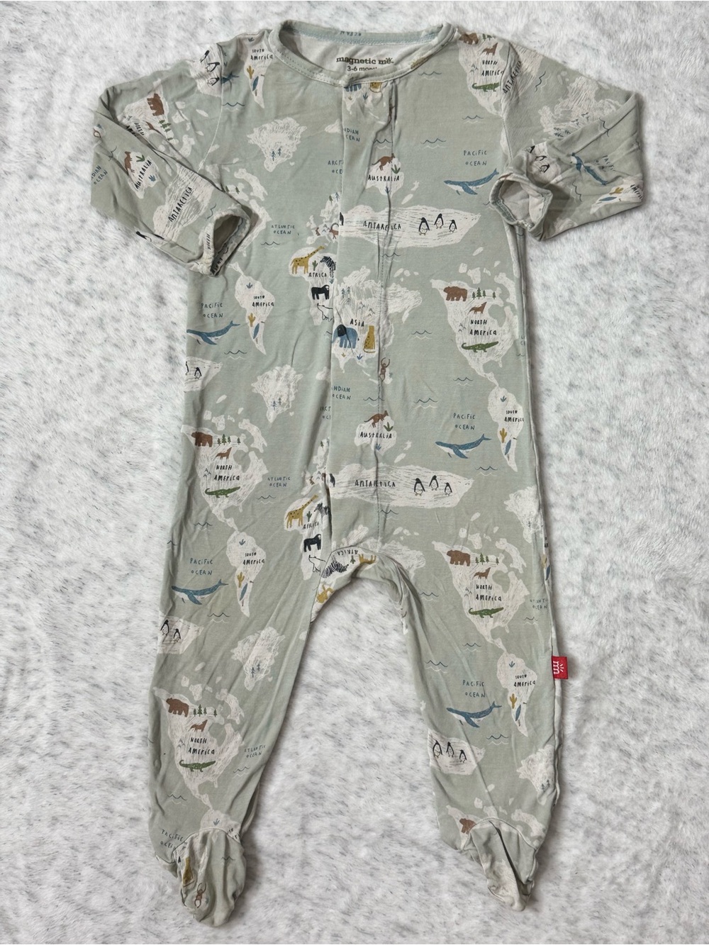 Magnetic Me World Map Animal Footie Sleeper 3-6M Baby Modal Blue Travel Neutral